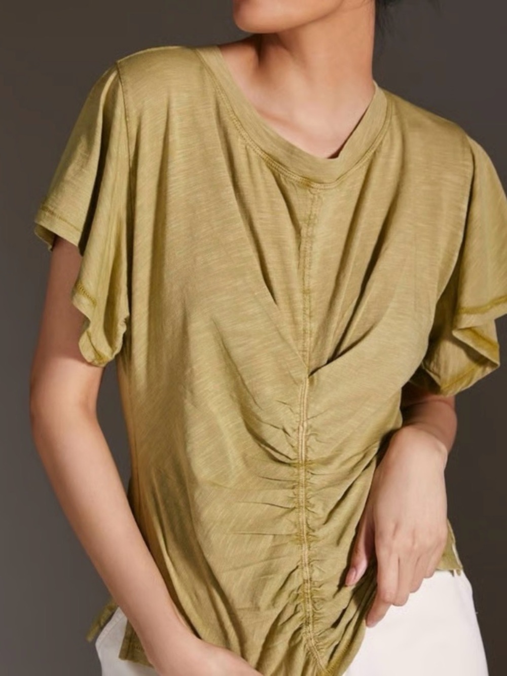 Pilcro Ruched Flutter Sleeve Bohemian Soft Mossy Green Top Size Medium